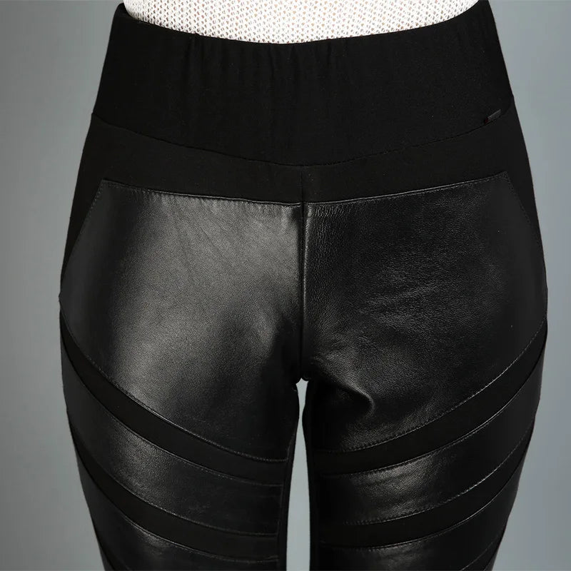 OL Style 100% Sheepskin Pants Women Streetwear Elastic High Waist Pencil Pants Genuine Leather Black Party Trousers Female