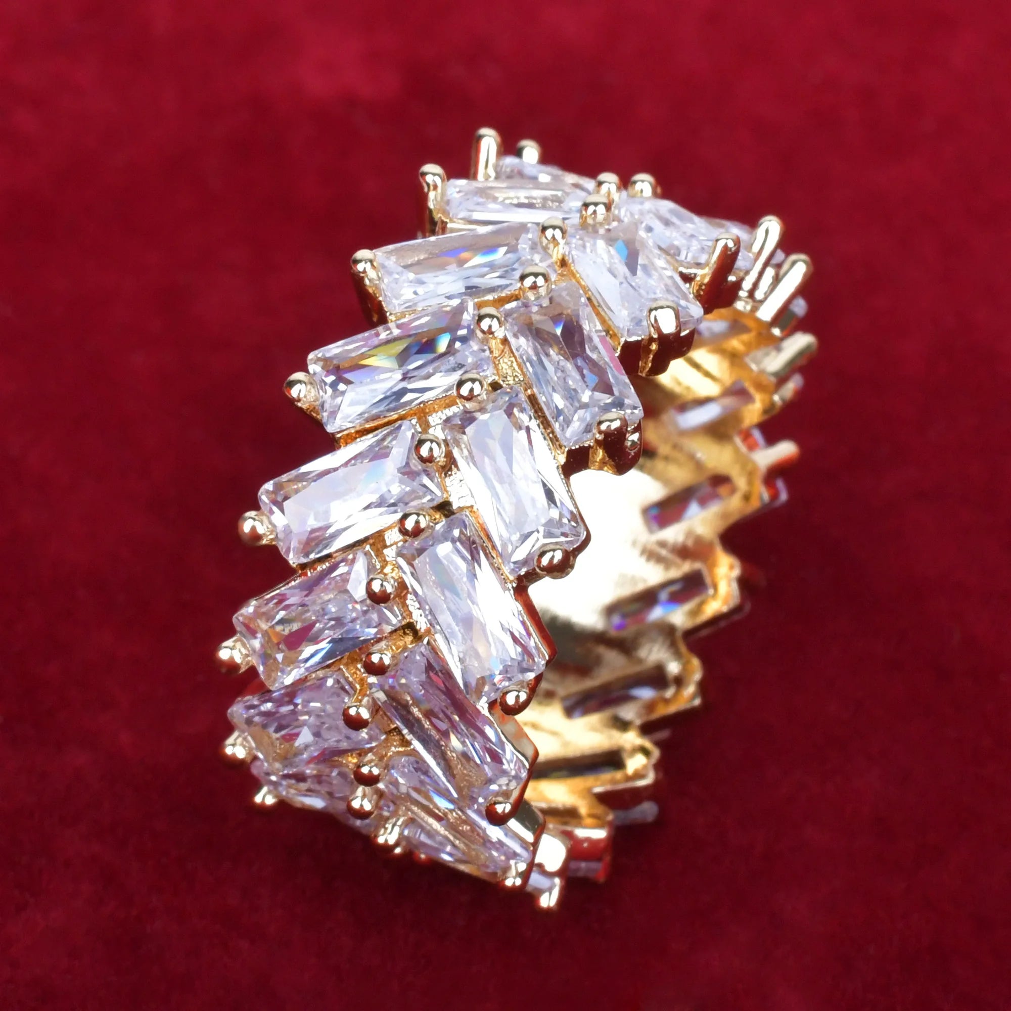 2 Row Baguette Zircon Men's Ring Copper Charms Gold Color Fashion Hip Hop Rock Jewelry