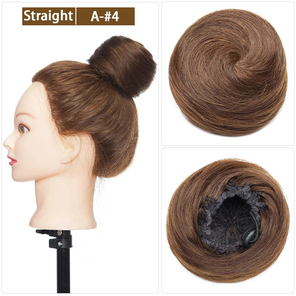 S-noilite 30g Hair Bun Curly Or Straight Chignon 100% Human Hair Donut Hairpiece Brown Blonde Headwear Wrap On Elastic Scrunchie