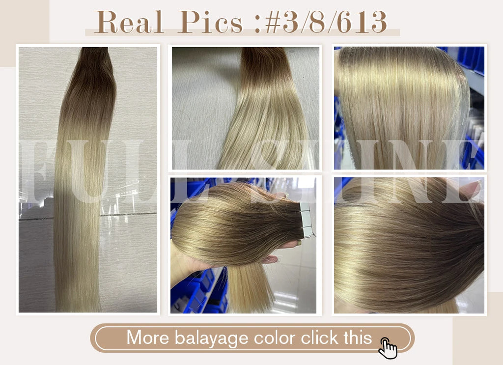 Full Shine Tape in Human Hair Extensions 20pcs Adhesive Skin Weft Pure Solid Color Glue on Woman Hair Machine Made Remy