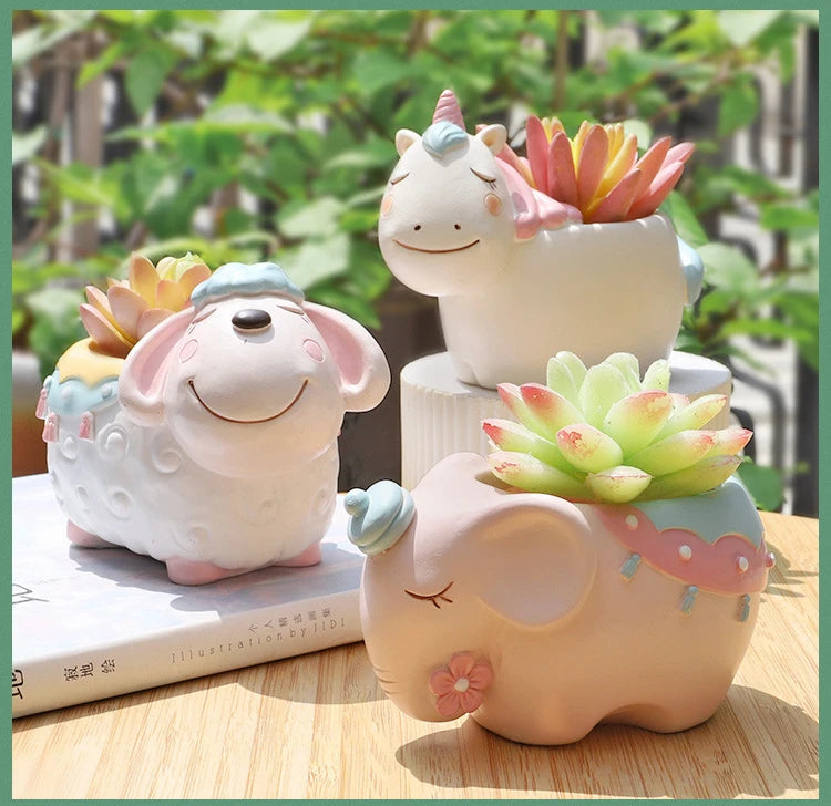 Cartoon Animal Flower Pot for Succulents Cactus Plants, Unicorn Elephant Bear Fairy Garden Figurine, Home Tabletop Decor