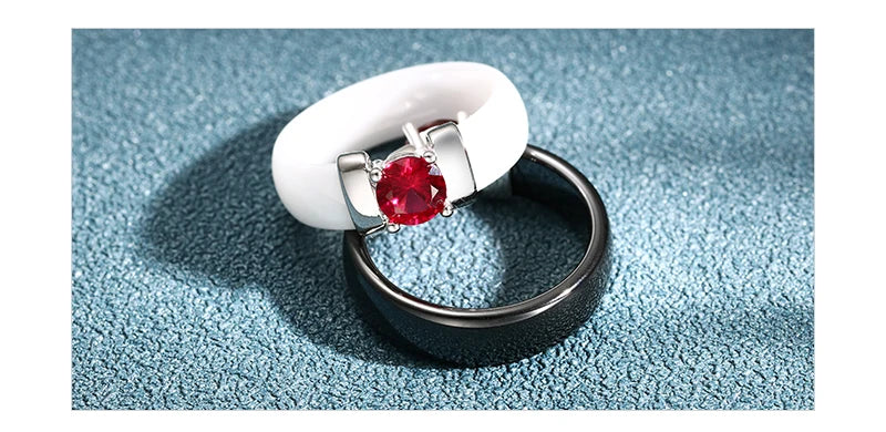 6mm White Black Ceramic Rings Plus Red Cubic Zirconia For Women Gold Color Stainless Steel Women Wedding Ring Engagement Jewelry