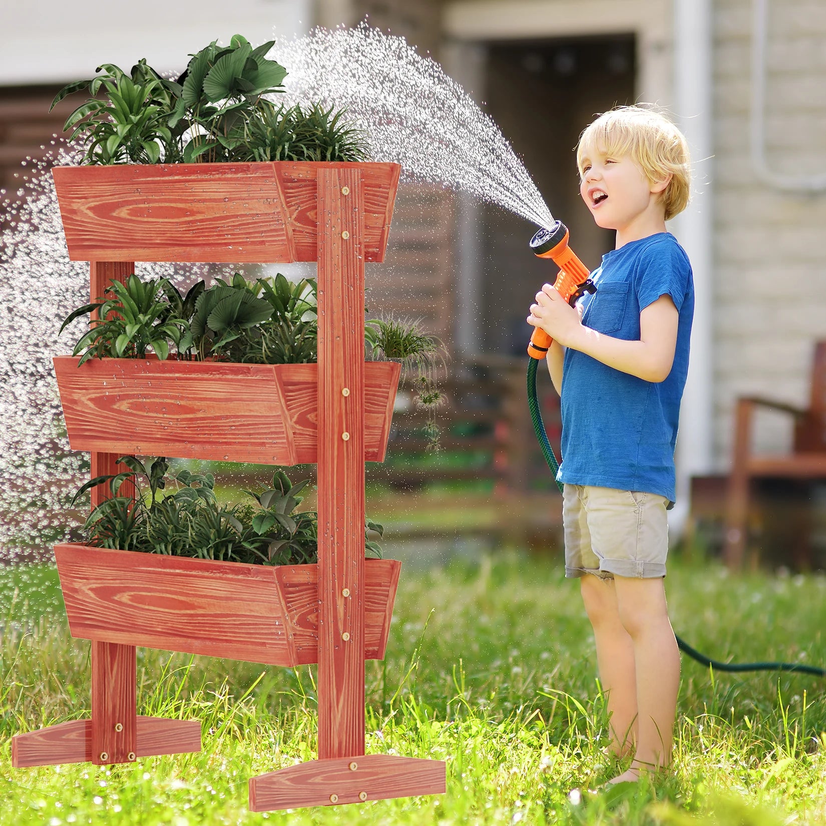 4 Tier Vertical Raised Planter Box Elevated Garden Bed Outdoor Wooden Herb Planter Ladder Vegetable Troughs