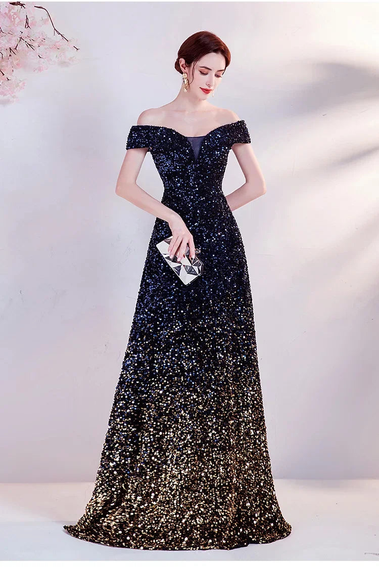 One Shoulder Evening Gown New Gradient Black Annual Party Stage Performance Host Walking Fish Tail Dress for Women 2026