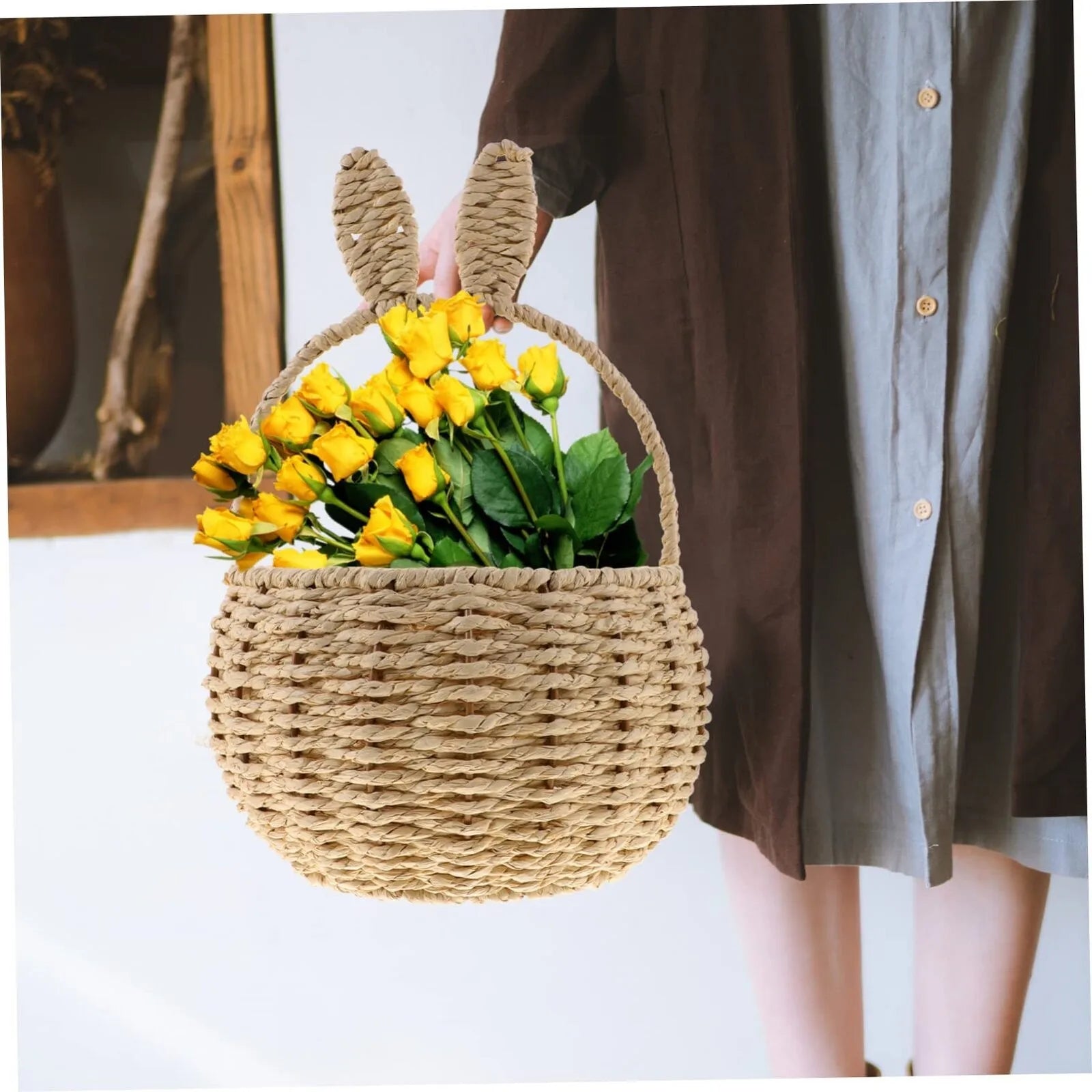 Bunny Rattan Woven Basket Rabbit Ear Storage Box Paper String Handwoven Easter Party Candies Basket Rabbit Picnic Home Room Deco