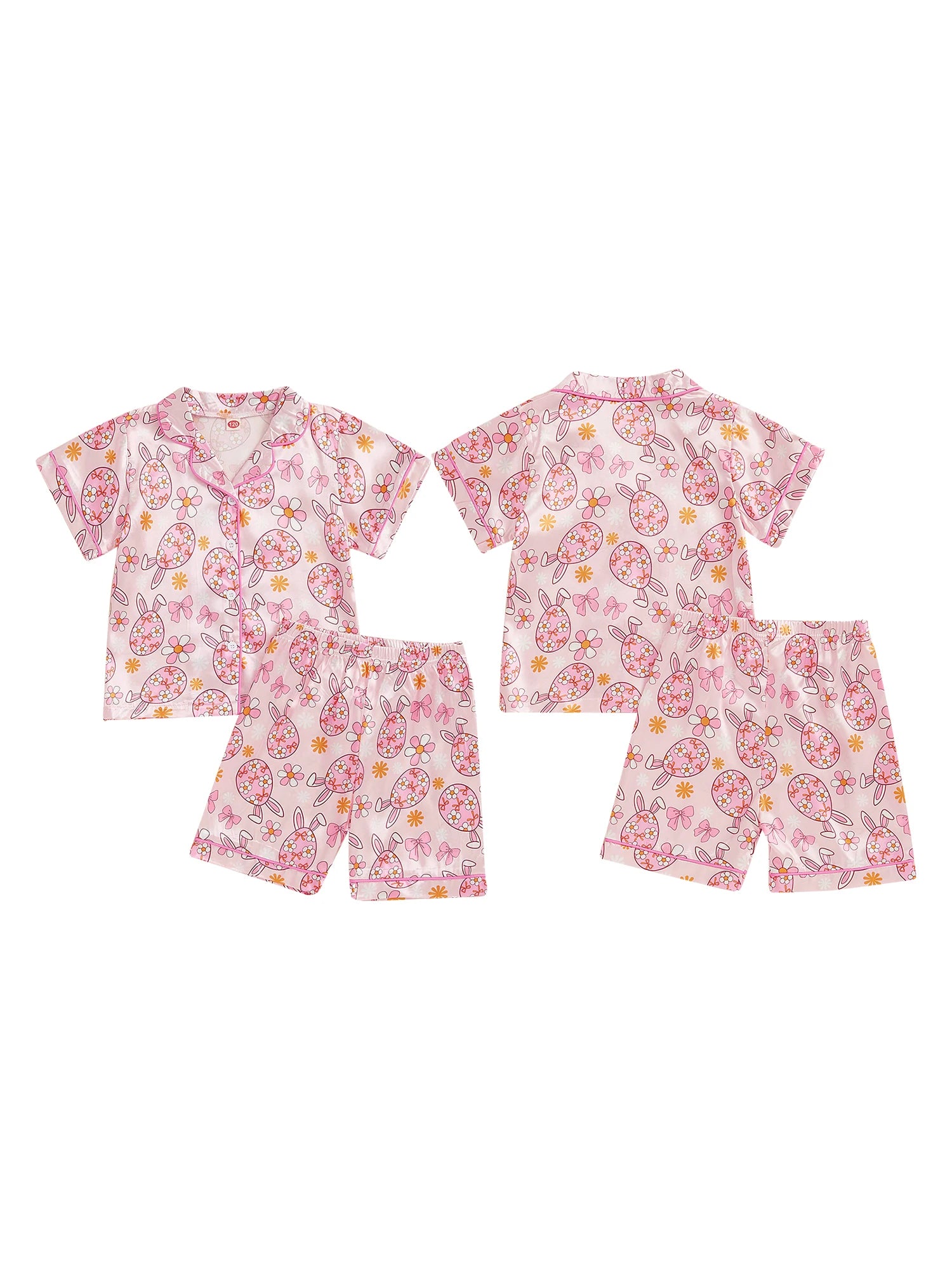 Adorable Toddler Girl Easter Pajamas Set with Egg and Floral Print Short Sleeve Lapel Tops and Elastic Waist Shorts Sleepwear