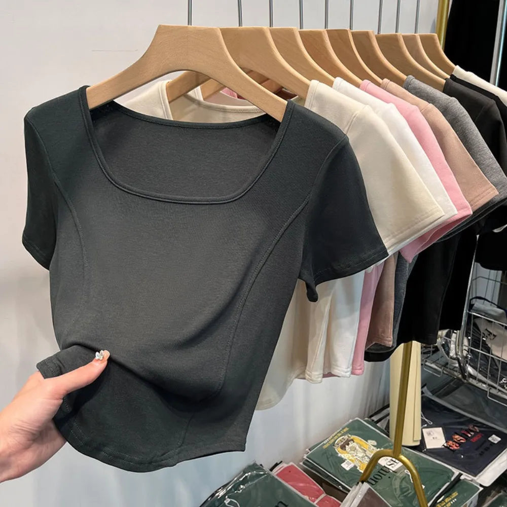 Fashion Summer Square Neck T-shirt Sweet Simplicity Slim Top Casual Trendy Short Top Female