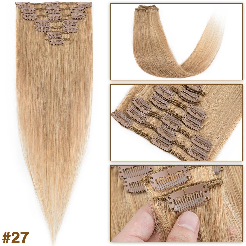 S-noilite 65g Clip In Hair Extensions Human Hair Natural Extension Hair Clips 7Pcs/Set 15"-22" Full Head Clip In Natural Hair