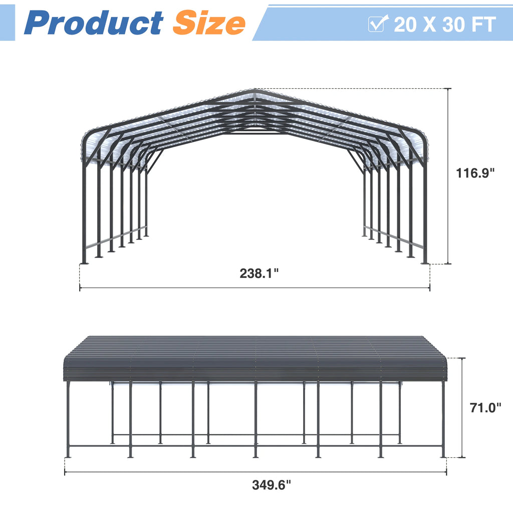VIWAT 10x15~20x40FT Multi-Size Metal Carport w/ Enhanced Base Outdoor Heavy Duty Garage Galvanized Car Shelter for Graden Patio