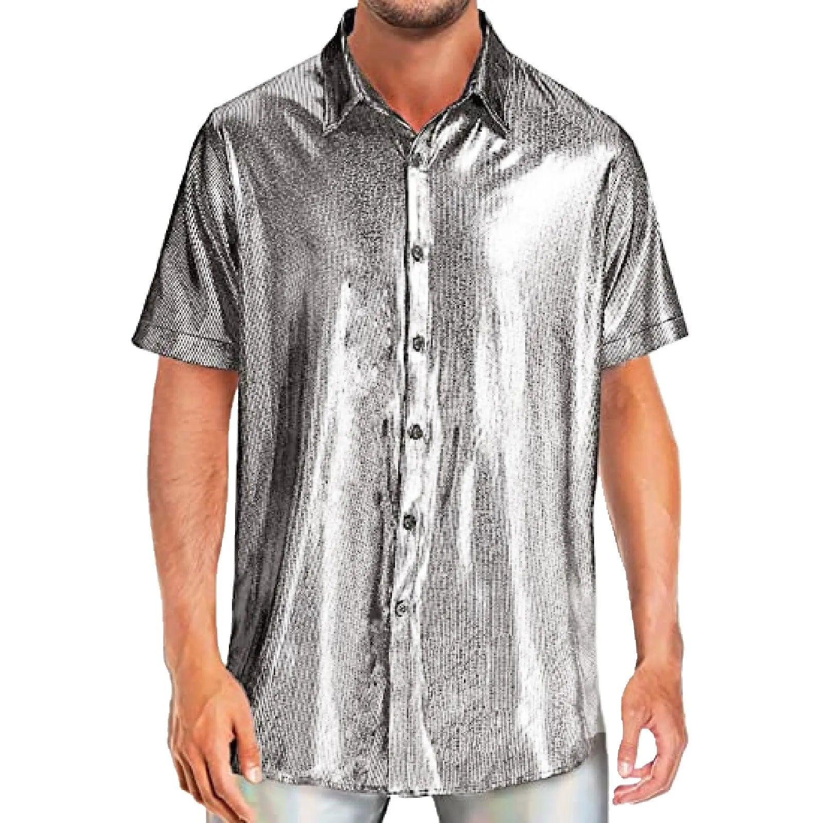 Mens Shiny Sequins Shirt Fashion Men's Performance Shirt Turn-Down Collar Short Sleeved Shirts For Club Party Disco Stage Show