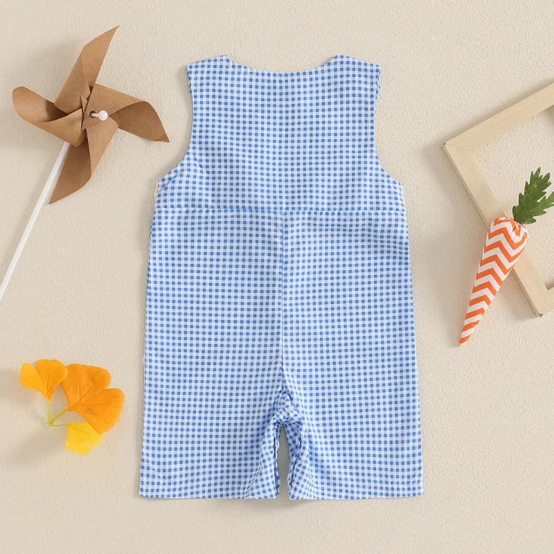 Adorable Toddler Girls Easter Outfits Bunny Print Sleeveless Rompers Plaid Overalls Jumpsuits with Carrot Embroidery