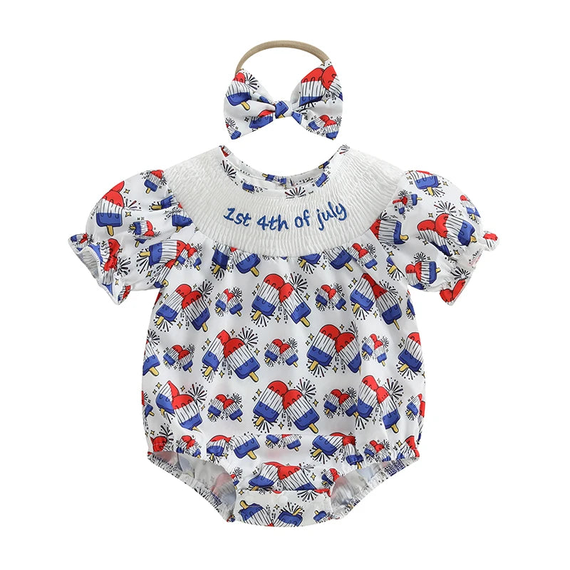 Adorable Infant Easter Jumpsuit with Cute Bunny Embroidery Short Sleeves Round Neck and Matching Bow Headband