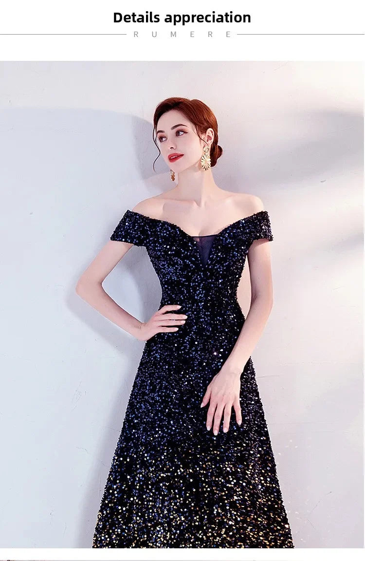 One Shoulder Evening Gown New Gradient Black Annual Party Stage Performance Host Walking Fish Tail Dress for Women 2026