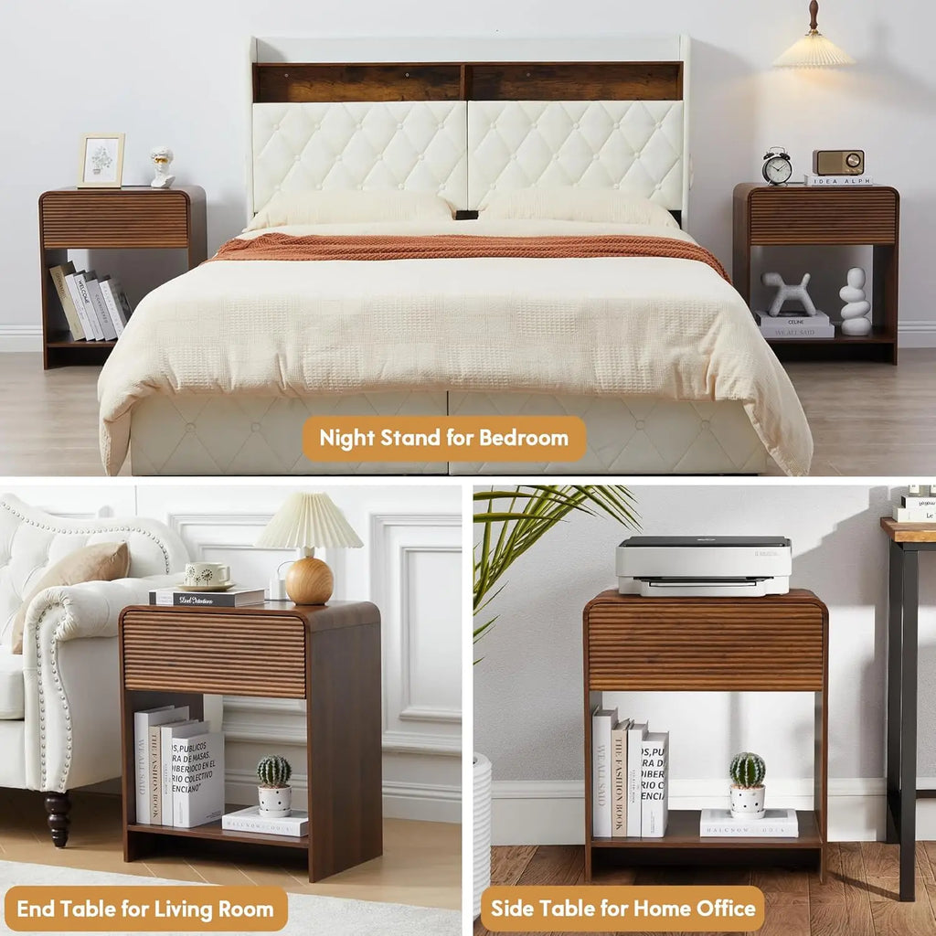 Fluted Nightstand Set of 2 with Charging Station, Modern Bed Side Table End Table with Drawer Storage, Large Wooden, Customized