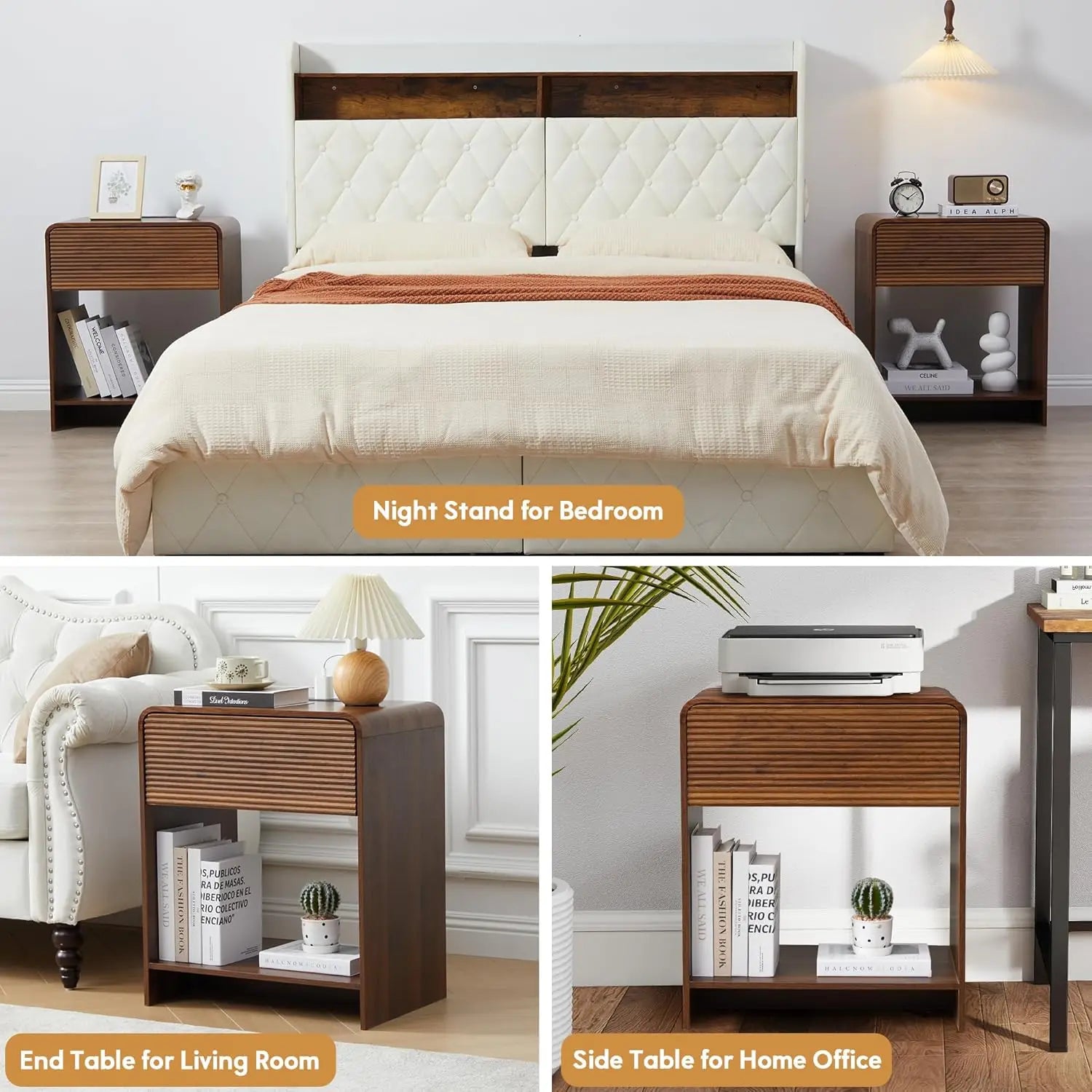 Fluted Nightstand Set of 2 with Charging Station, Modern Bed Side Table End Table with Drawer Storage, Large Wooden, Customized