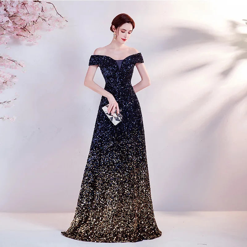 One Shoulder Evening Gown New Gradient Black Annual Party Stage Performance Host Walking Fish Tail Dress for Women 2026
