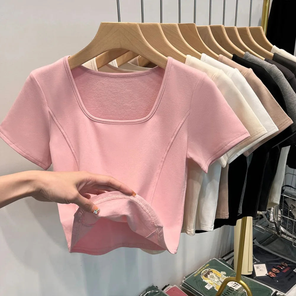 Fashion Summer Square Neck T-shirt Sweet Simplicity Slim Top Casual Trendy Short Top Female