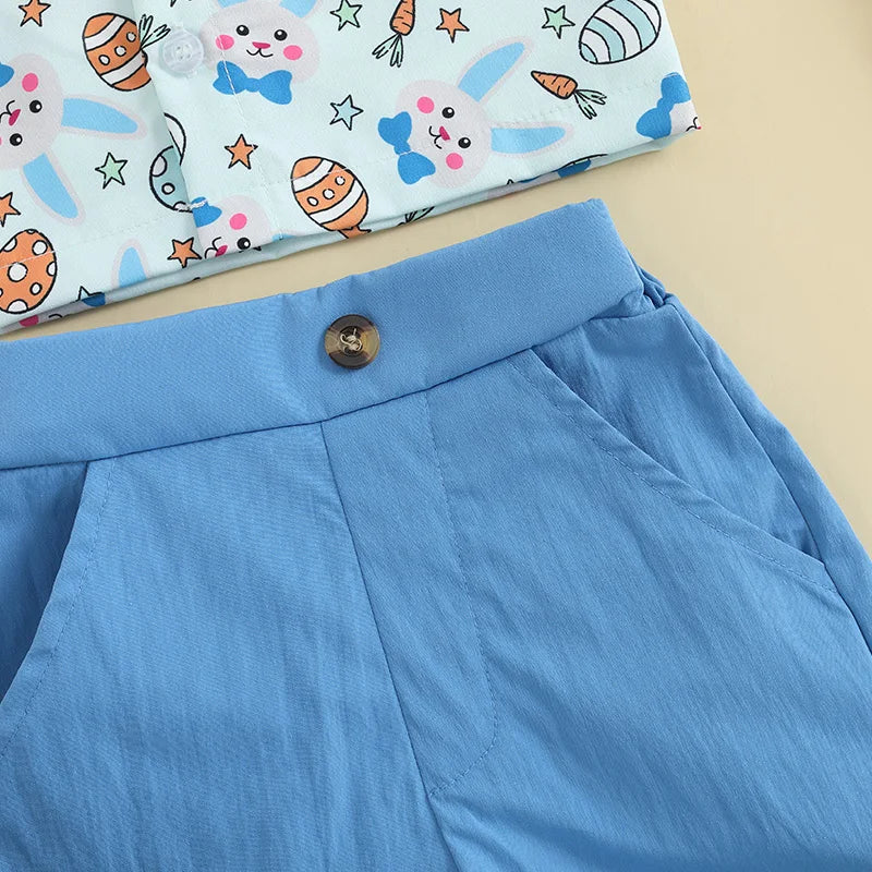 Toddler Boy Easter Outfit Bunny Egg Short Sleeve Button-up Shirt with Bowtie Solid Shorts 2 Piece Set for Spring Festivities