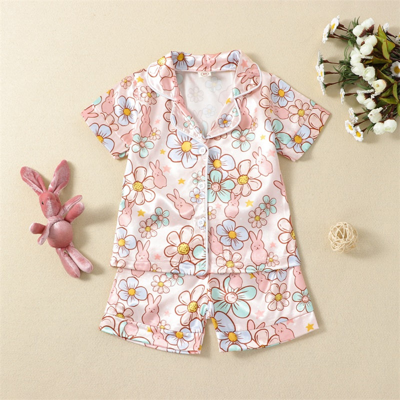 2Pcs Boys Easter Pajamas Set Long Sleeve Striped Print Button Down Shirts and Pants Set Loungewear for Kids