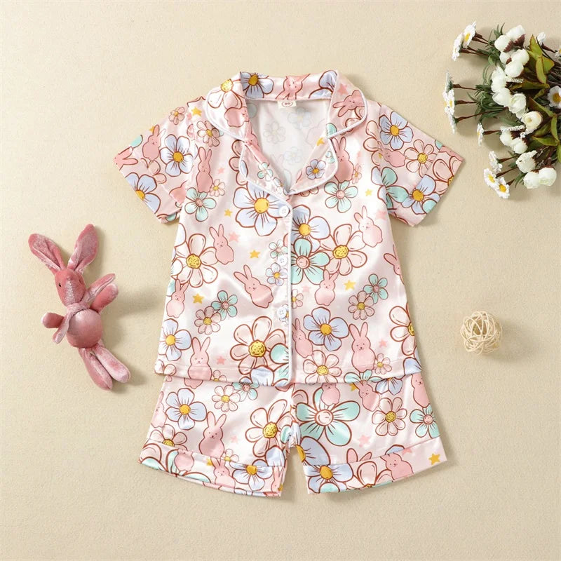 2Pcs Easter Pajamas Set Long Sleeve Striped Print Button Down Shirts and Pants Set Loungewear for Kids