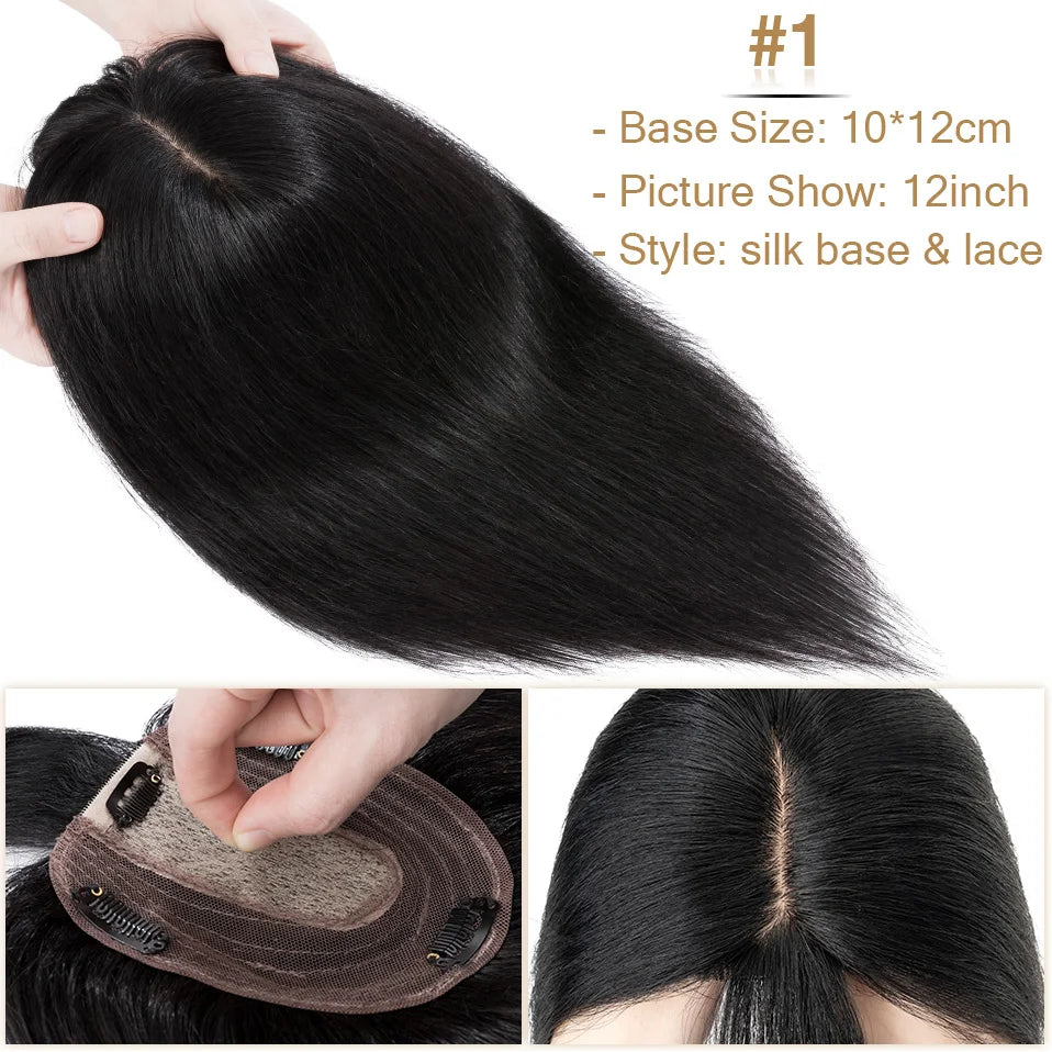 S-noilite Natural Hair Topper Wig for Women 10x12cm with Silk Base 3.5x9cm Human Hair Piece with Bangs Hair Clip Included