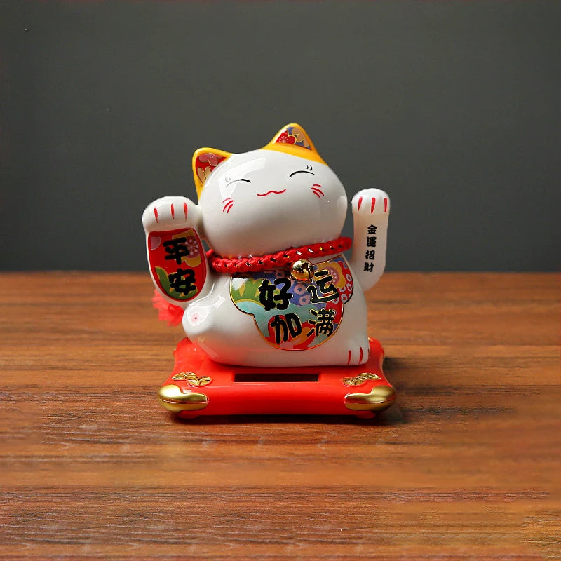 4.3 Inch Solar Powered Waving Ceramic Maneki-neko Lucky Beckoning Cat for Wealth Fortune, Home Office Decor, Gift for Prosperity