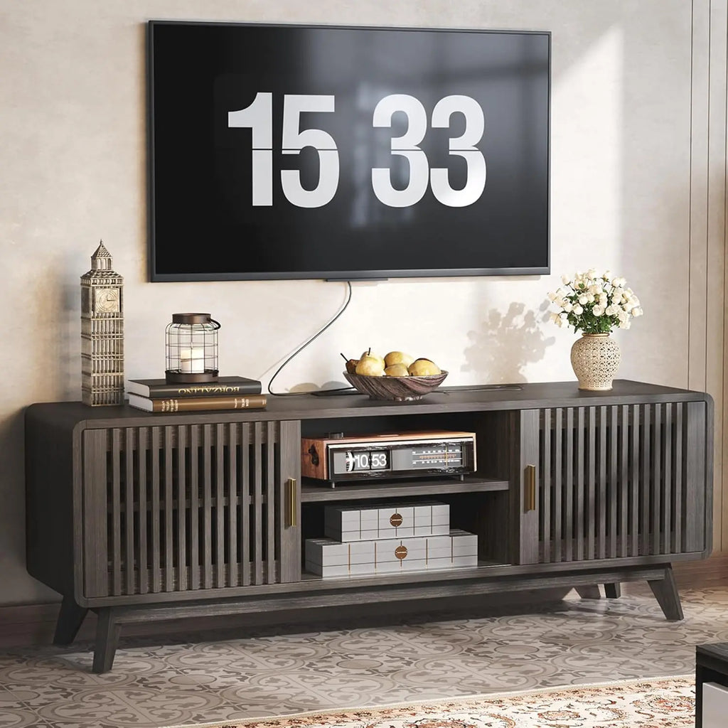 IRONCK 63'' TV Stand for TVs Up to 70", TV Console with 2 Sliding Doors in Grille Design & Charging Station, for Living Room