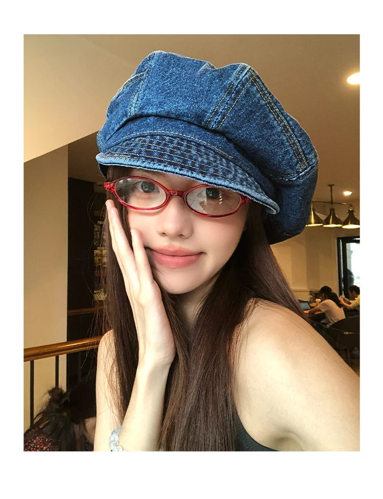 Japanese Retro Denim Cloud Berets Cap for Women Spring and Summer Casual Versatile Simple Literary Style Octagonal Newsboy Hat