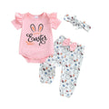 Adorable Baby Girl Easter Outfit Set with Letter Print Romper Bunny Print Pants and Matching Headband - 3 Piece Ensemble