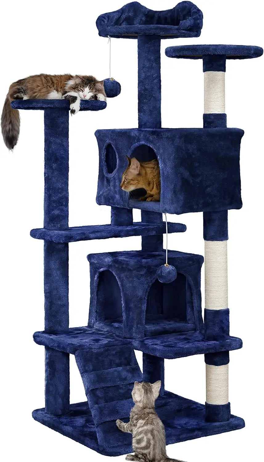 54in Cat Tree, Multi-Level Cat Tower With Spacious Kitten-ear Perch, 2 Cozy Caves, Scratching Posts, Climbing Ladder, 2 Plush Ba