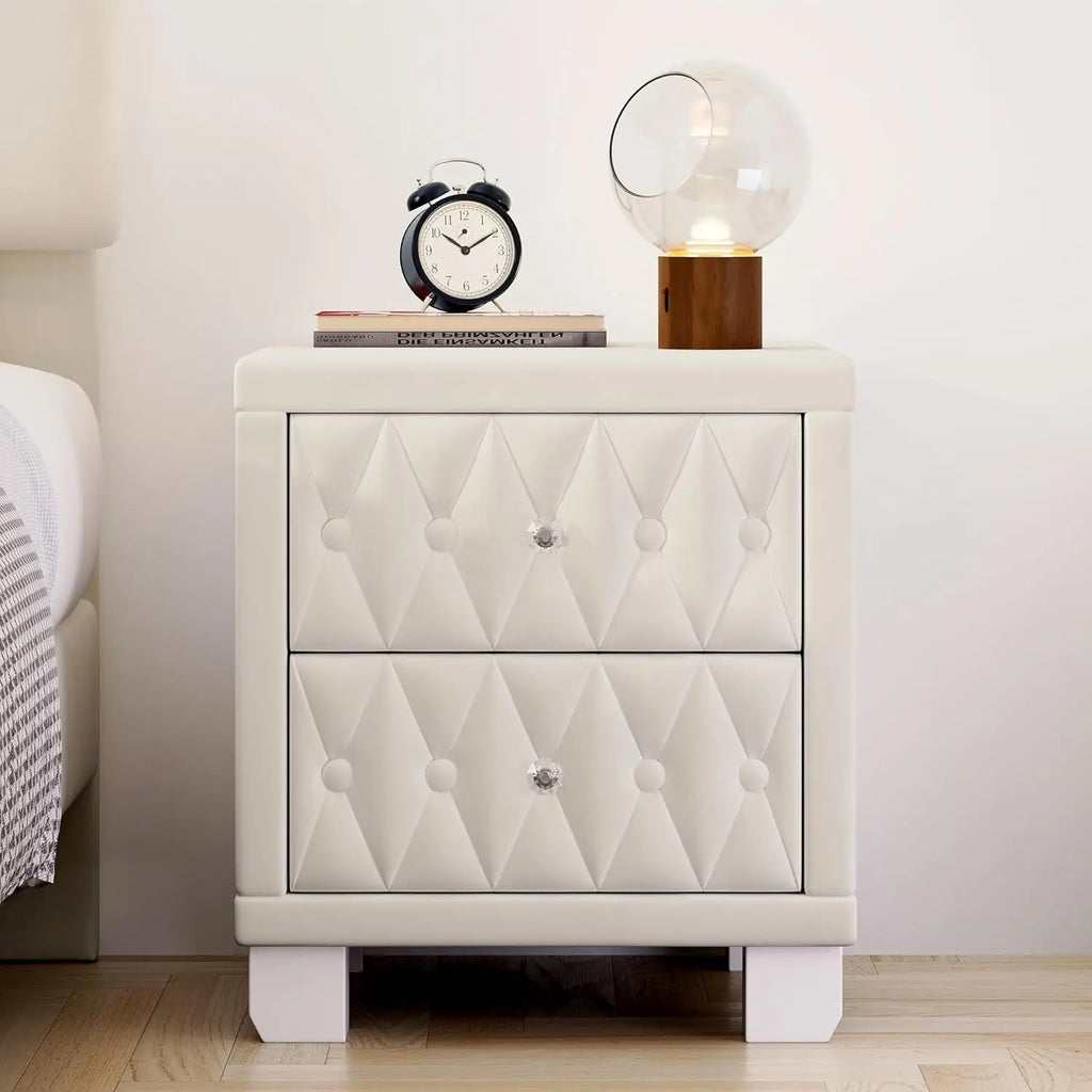 Velvet Nightstand with 2 Drawers, Storage Bedside Table with Button-Tufted and Crystal Handle for Bedroom, Living Room, Apartmen