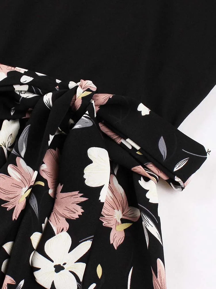 Retro Vintage Women's Summer Dress V-Neck Sleeveless High Waist Chic Floral Print with Belt 50s Style