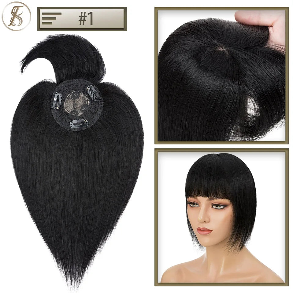 TESS Human Hair Toppers 8.5x8.5cm Women Topper 2cm Hair Vortex Natural Hair Wigs Center Crown Machine-made Hairpiece With Bangs