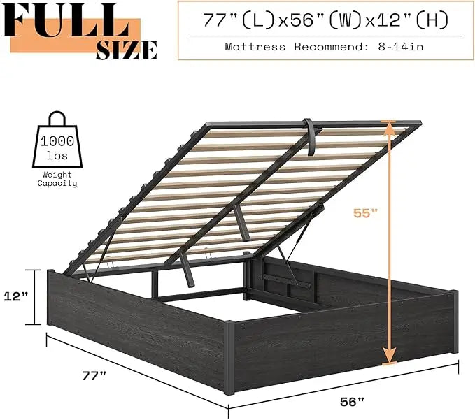 Lift Up Storage Bed, Queen Bed Frame with Storage Underneath, Wooden Platform Bed Frame, Solid Wood Slats Support