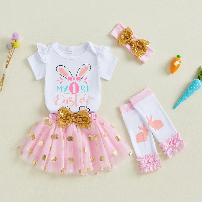 Toddler Easter Outfit Bunny Printed Short Sleeve Romper Suspender Pants Bow Socks Spring Set for Baby Boy