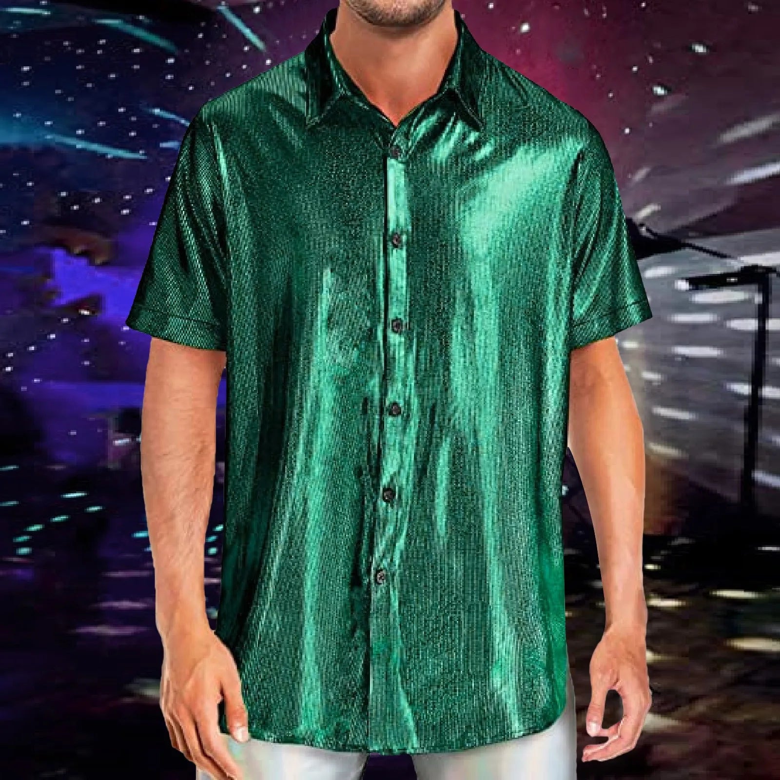 Mens Shiny Sequins Shirt Fashion Men's Performance Shirt Turn-Down Collar Short Sleeved Shirts For Club Party Disco Stage Show