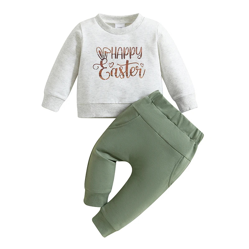 Adorable Infant Easter Clothing Set with Cute Bunny Print Long Sleeve Top and Matching Pants for Baby Boys and Girls
