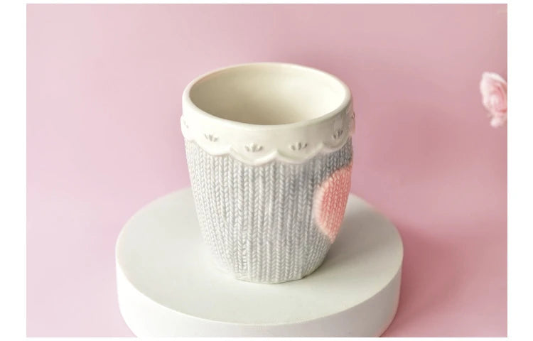 480ml Large Ceramic Coffee Mug Kawaii Bowknot Tea Cup Pink Wool Knitting Mug Dishwasher and Microwave Safe