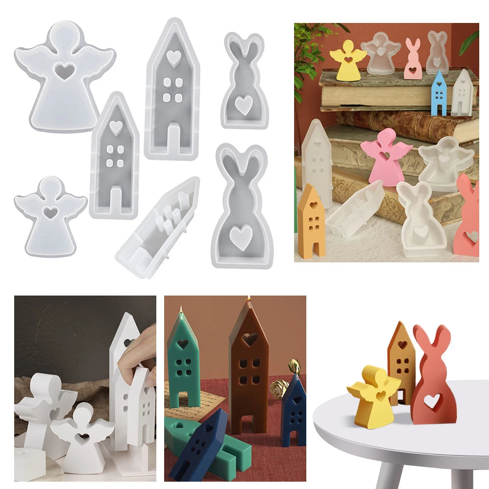 7Pcs Easter Silicone Molds House Rabbit Angel Resin Molds Casting Moulds for DIY Candle Candy Chocolate Soap