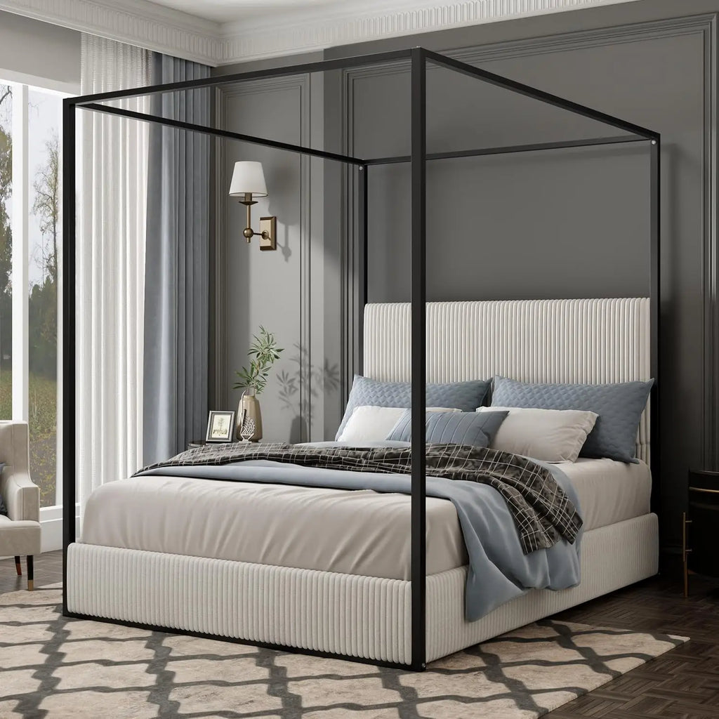 King Size Canopy Bed Frame, 4 Poster Metal Canopy Bed with Tall Upholstered Headboard, Corduroy Platform Bed, No Box Spring Need