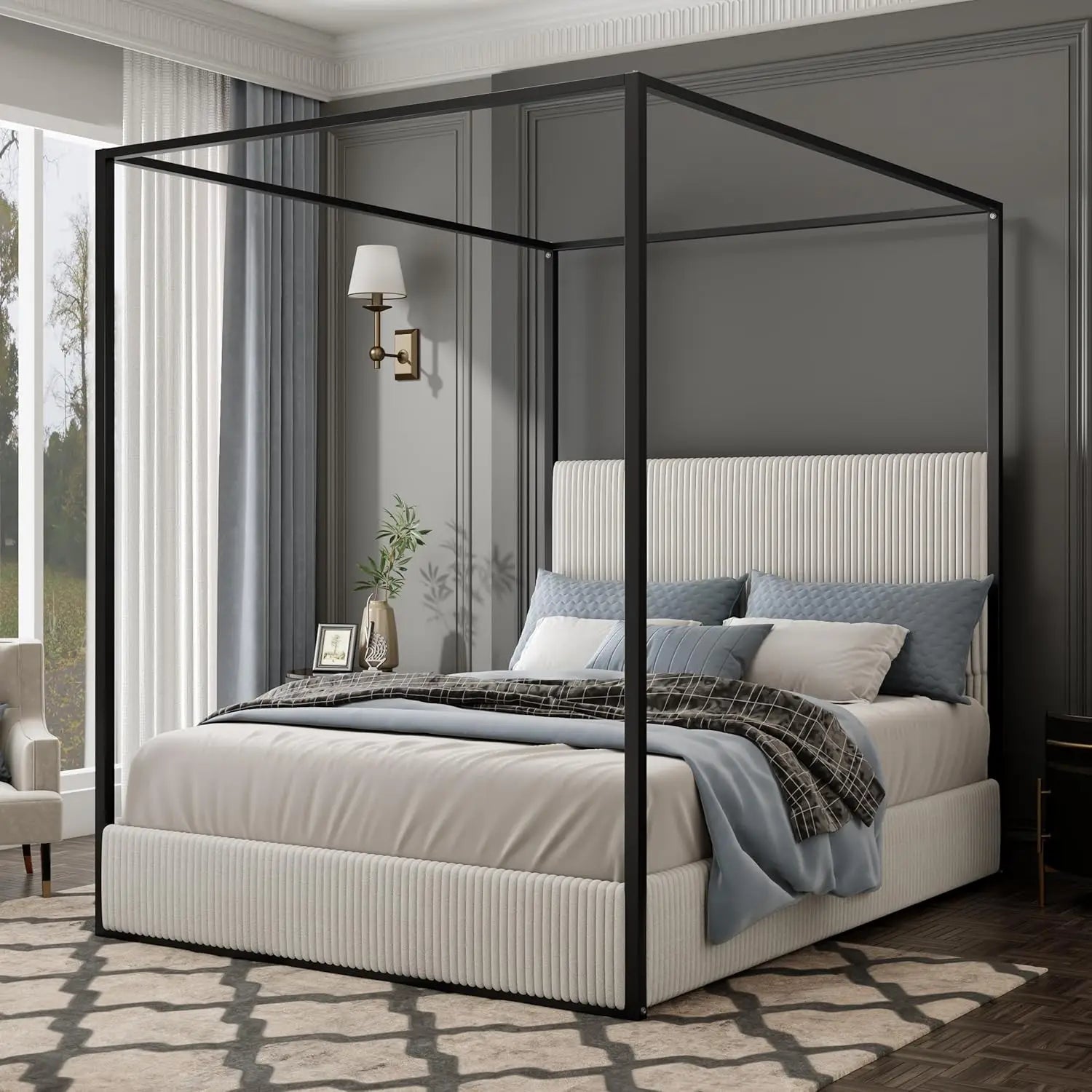 King Size Canopy Bed Frame, 4 Poster Metal Canopy Bed with Tall Upholstered Headboard, Corduroy Platform Bed, No Box Spring Need