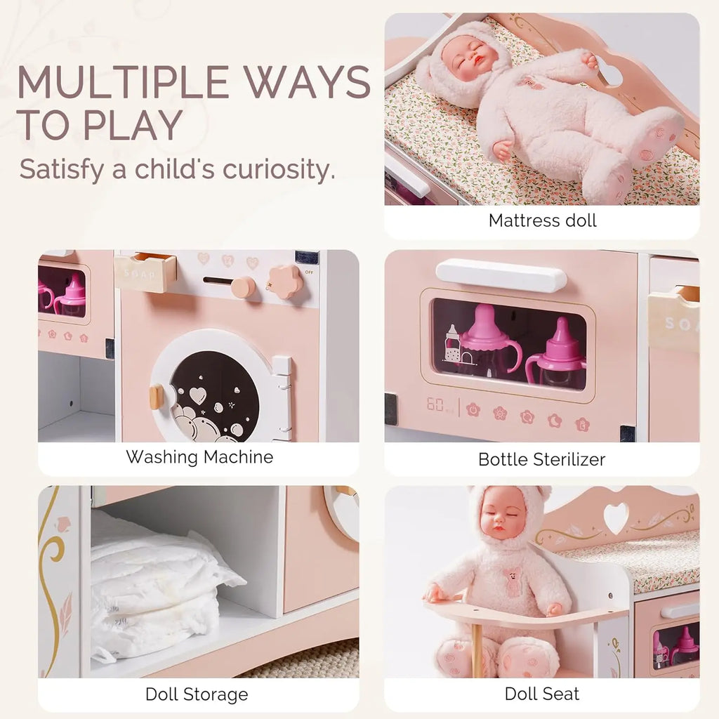 Robud Wooden 6-in-1 Baby Doll Changing Table with Baby Doll Crib Washing Machine Bottle Sterilizer Storage Area for Kids in Pink