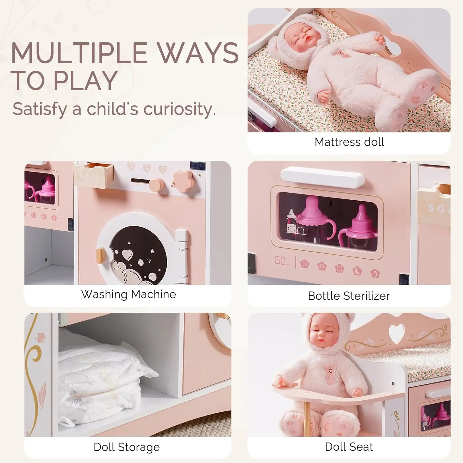 Robud Wooden 6-in-1 Baby Doll Changing Table with Baby Doll Crib Washing Machine Bottle Sterilizer Storage Area for Kids in Pink