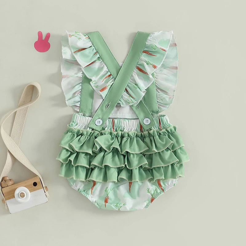Adorable Infant Easter Jumpsuit with Cute Bunny and Carrot Print Sleeveless Ruffle Square Neck Baby Girl Outfit for Newborns