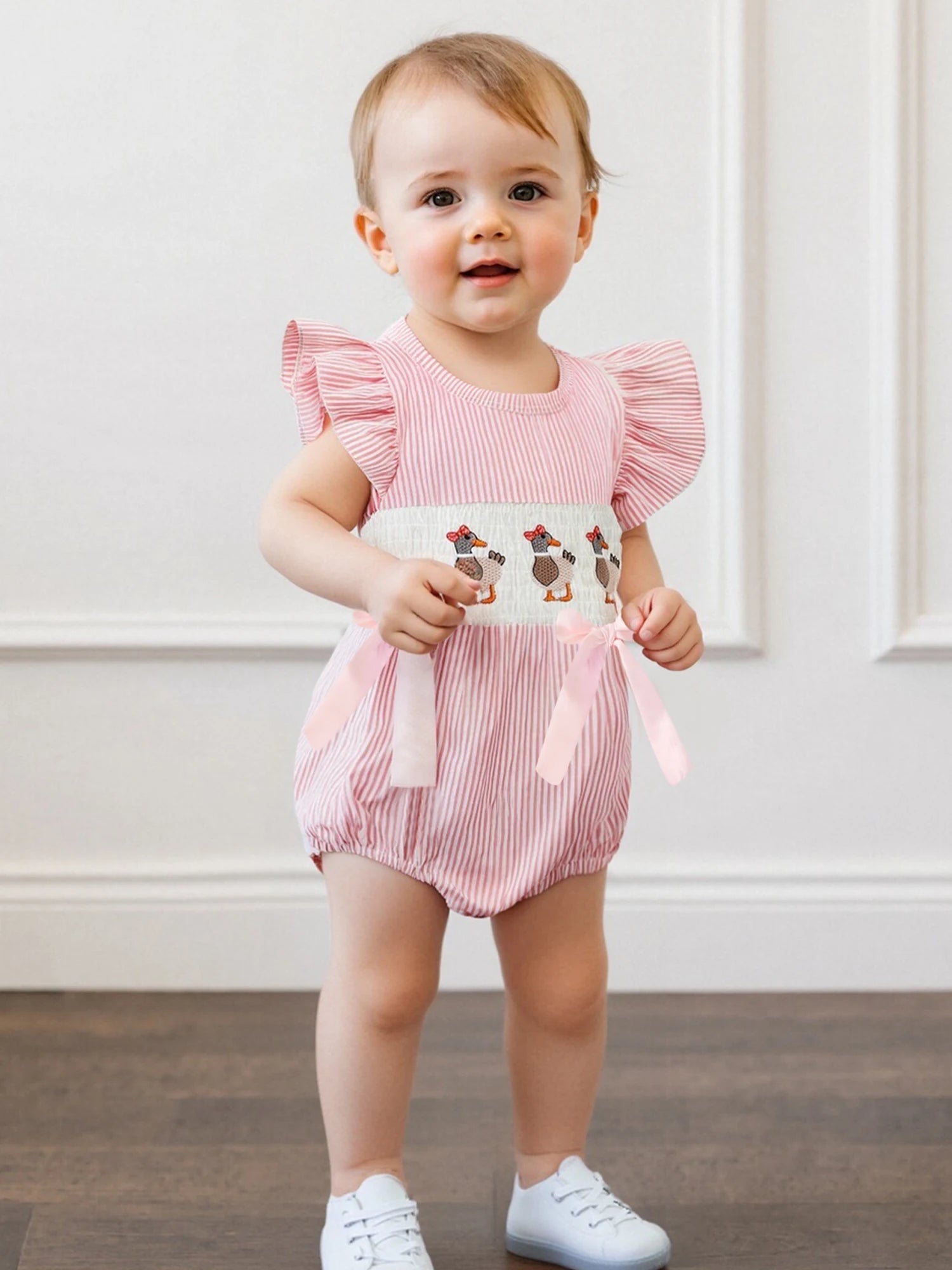 Cute Toddler Bunny Print Overall Dress with Ruffle Sleeves and Bow Detail for Baby Girls Easter Outfit