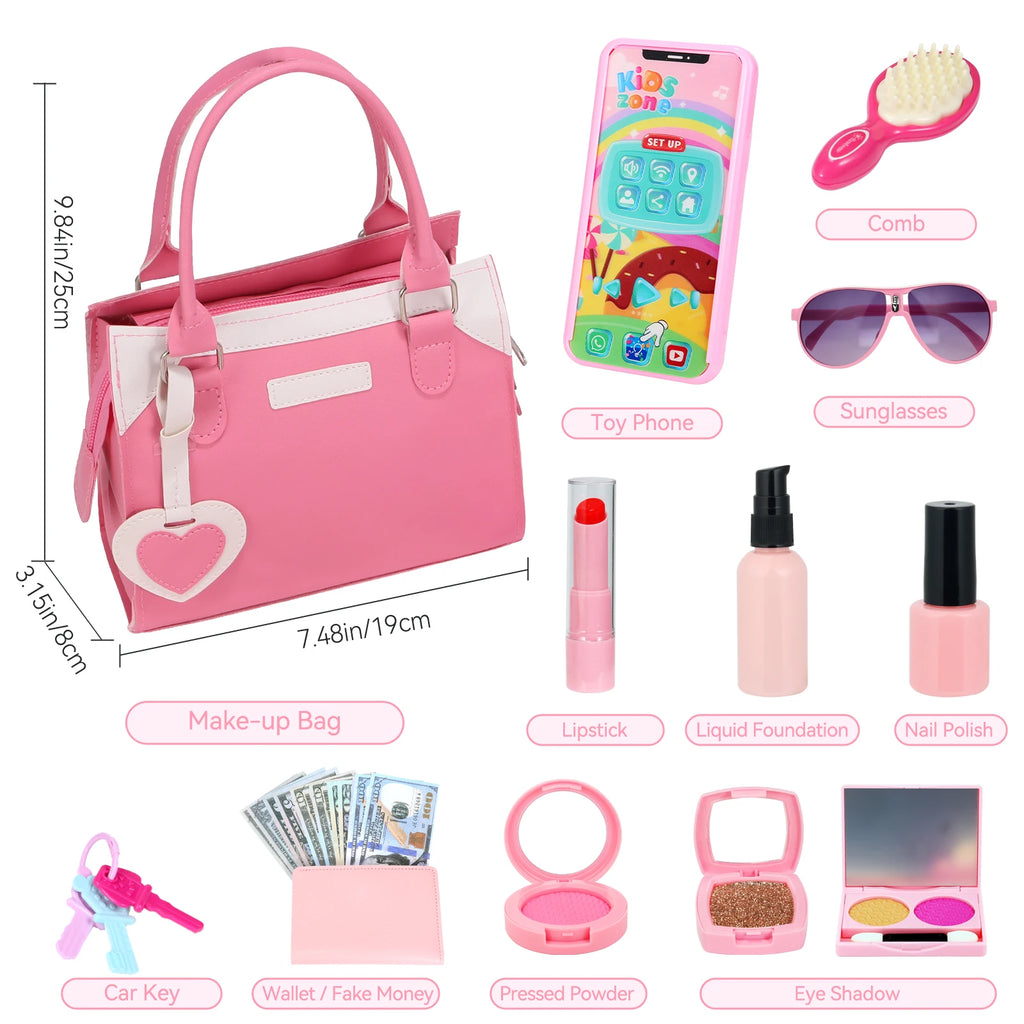 Girls Pretend Play Purse Toy Set | Kids Makeup, Wallet, Phone, Sunglasses & Accessories | Princess Role Play Handbag Gift