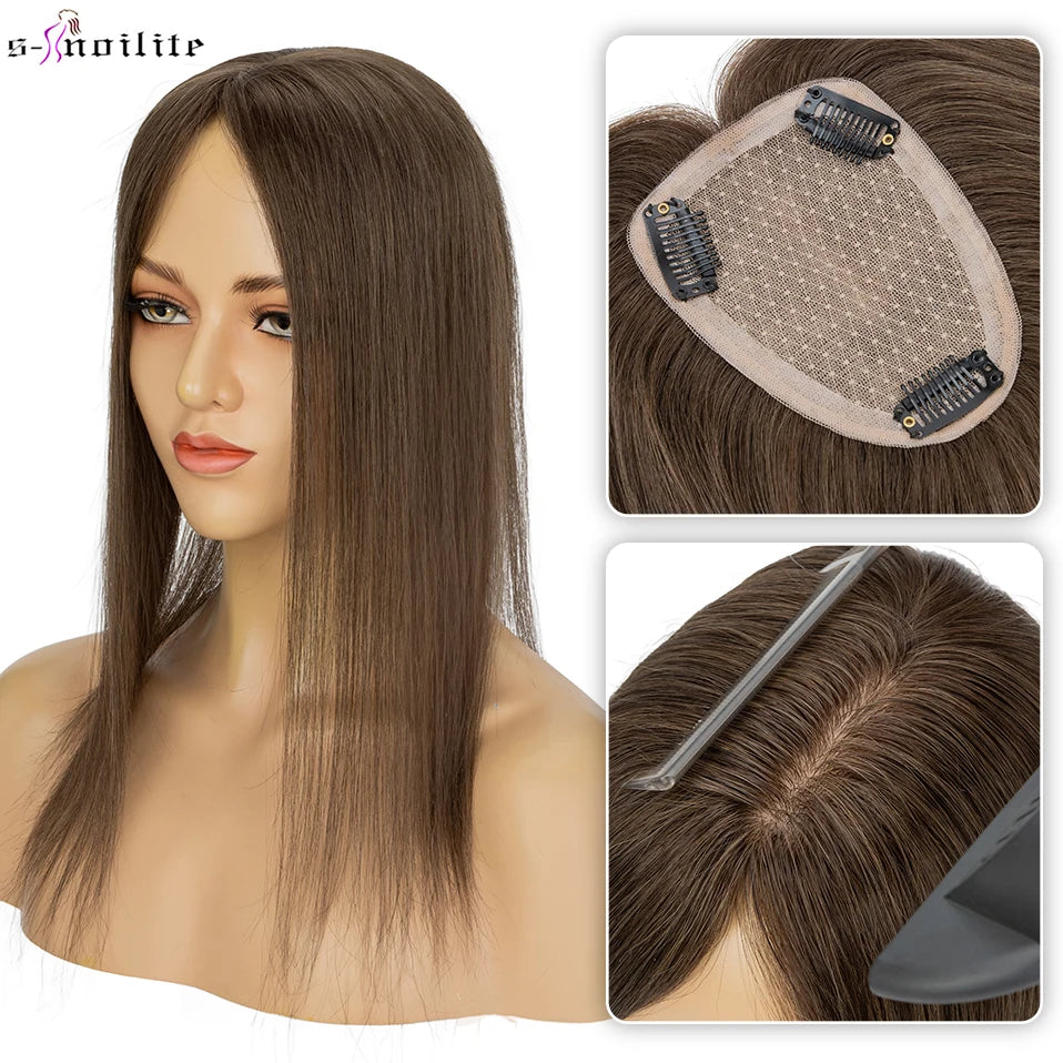S-noilite 9x12cm Natural Hair Clip-In Hair Extension Toppers Human Hand Hook Hairpiece 10' 16' Reverse Hair Clip Wigs