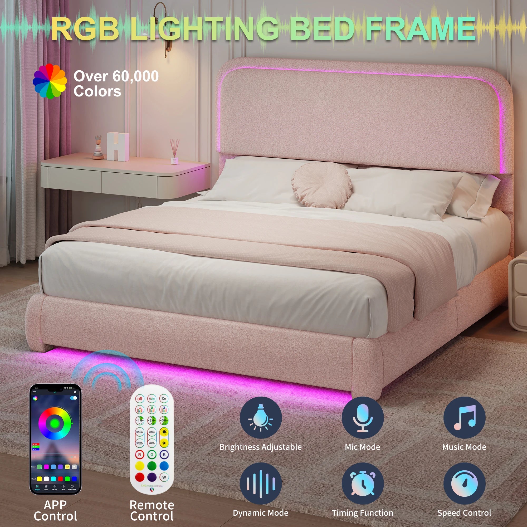 Full Size LED Bed Frame with Storage Drawers, Teddy Upholstery, Rounded Headboard, Soft and Cozy, No Box Spring Needed
