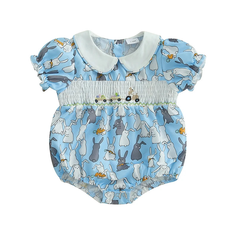 Toddler Girls Floral Print Ruffle Sleeve Rompers Easter Outfit Bunny Ear Headband Set Summer Jumpsuits Playsuits