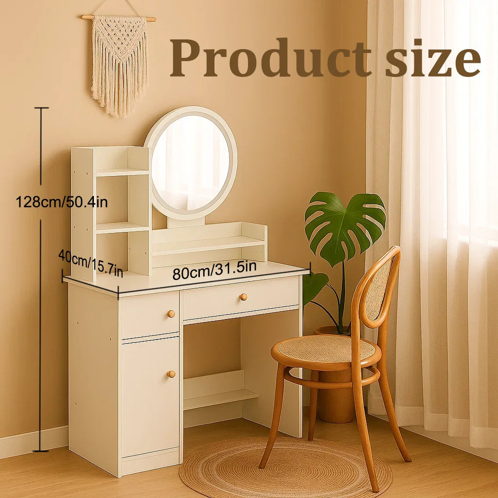 Modern White Vanity Table with LED Round Mirror, Makeup Desk with Drawers and Shelves, Dressing Table with Storage for Bedroom